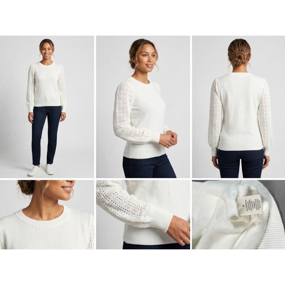 Madison+Hudson White Open Knit Sleeve Sweater Size M Crewneck Soft Crochet Puff